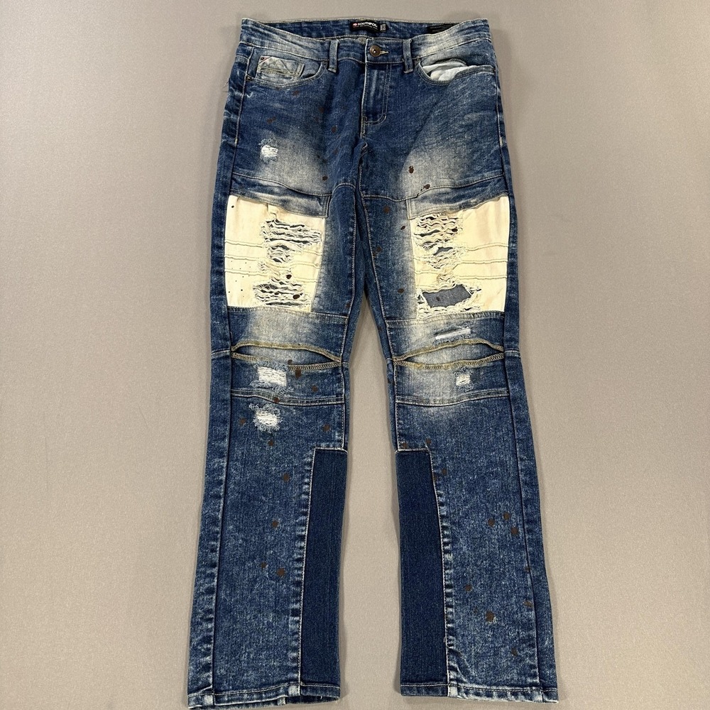 Southpole Jeans‎ Mens 32x32 Medium Wash Blue Skinny Slim Distressed Ripped Knees